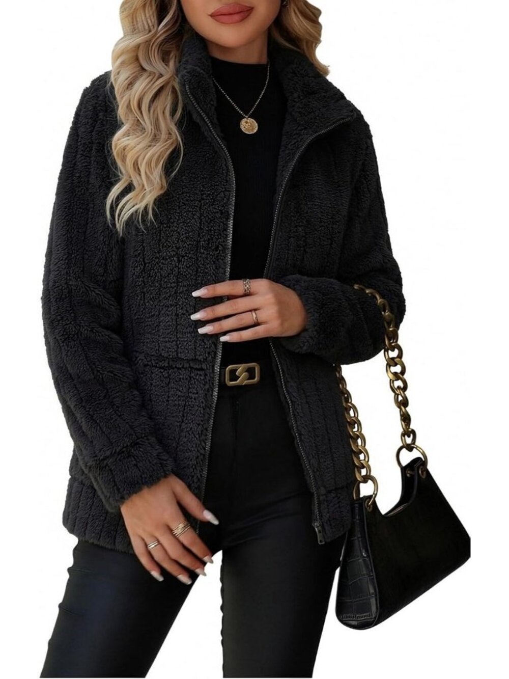 Women's Vertical Striped Black Collar Fleece Sherpa Pockets long sleeve Jacket